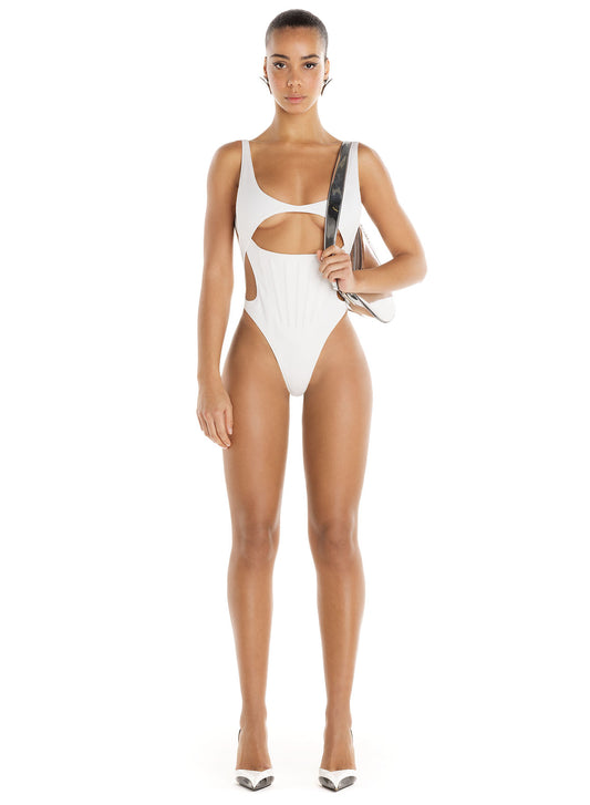 white corseted one-piece