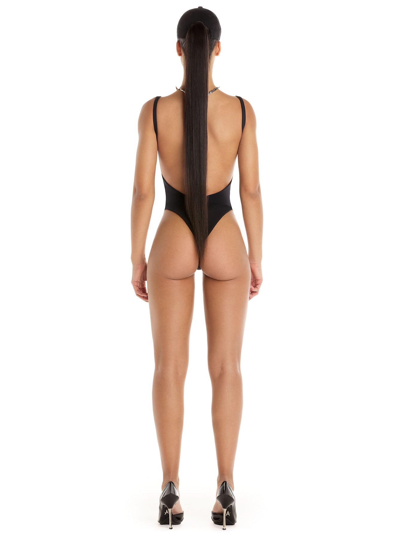 black cut-out corseted one-piece