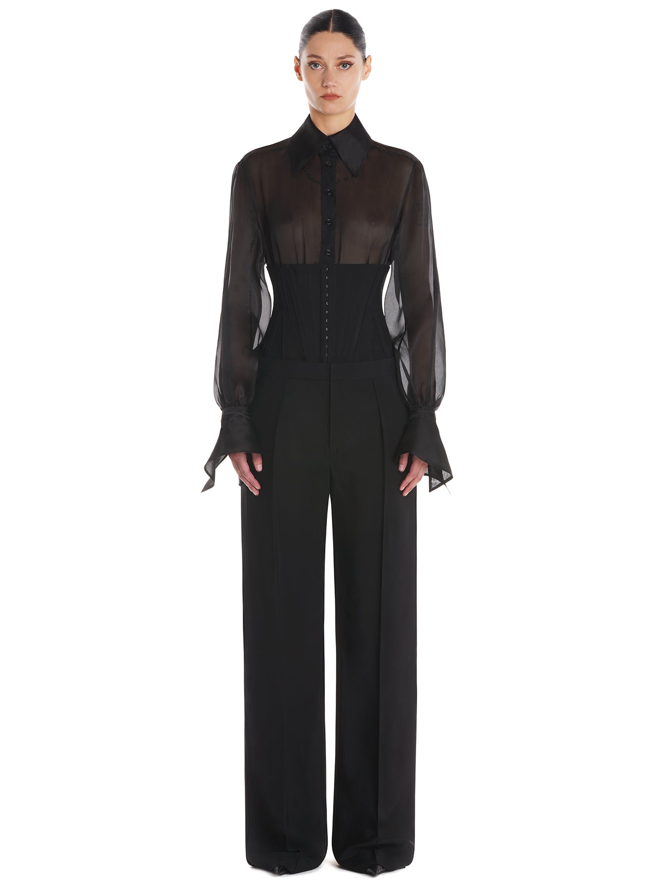 black tailored corset trousers