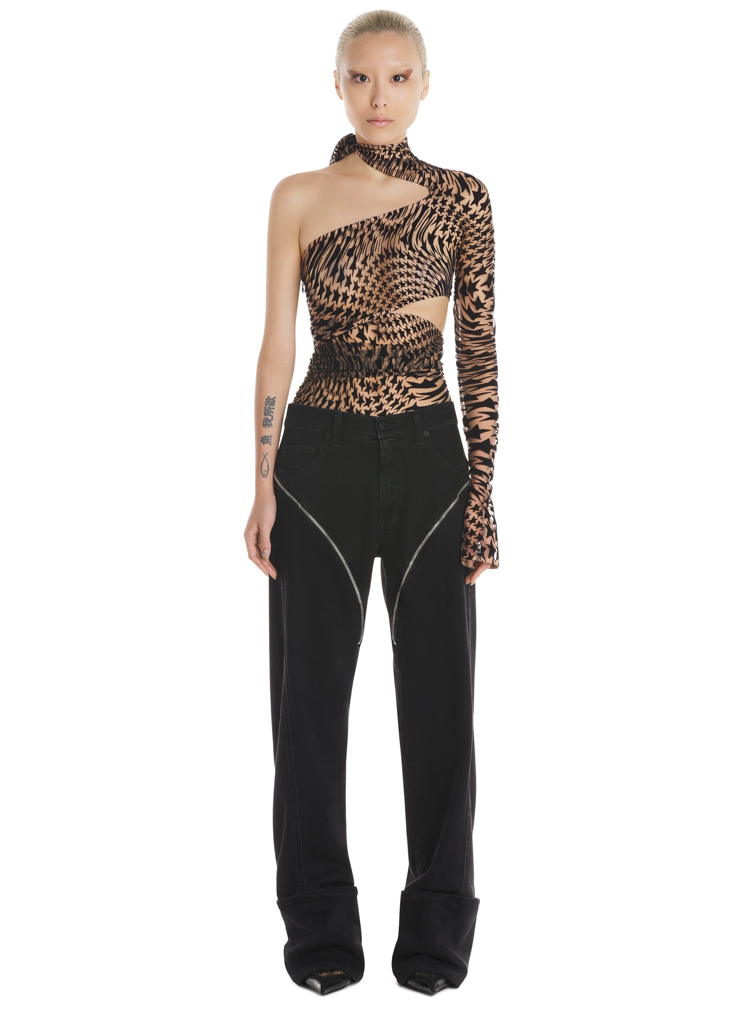 Nude flocked mesh cut-out bodysuit