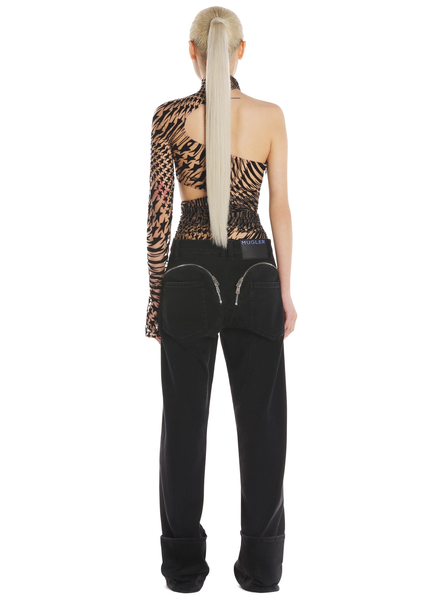 Nude flocked mesh cut-out bodysuit