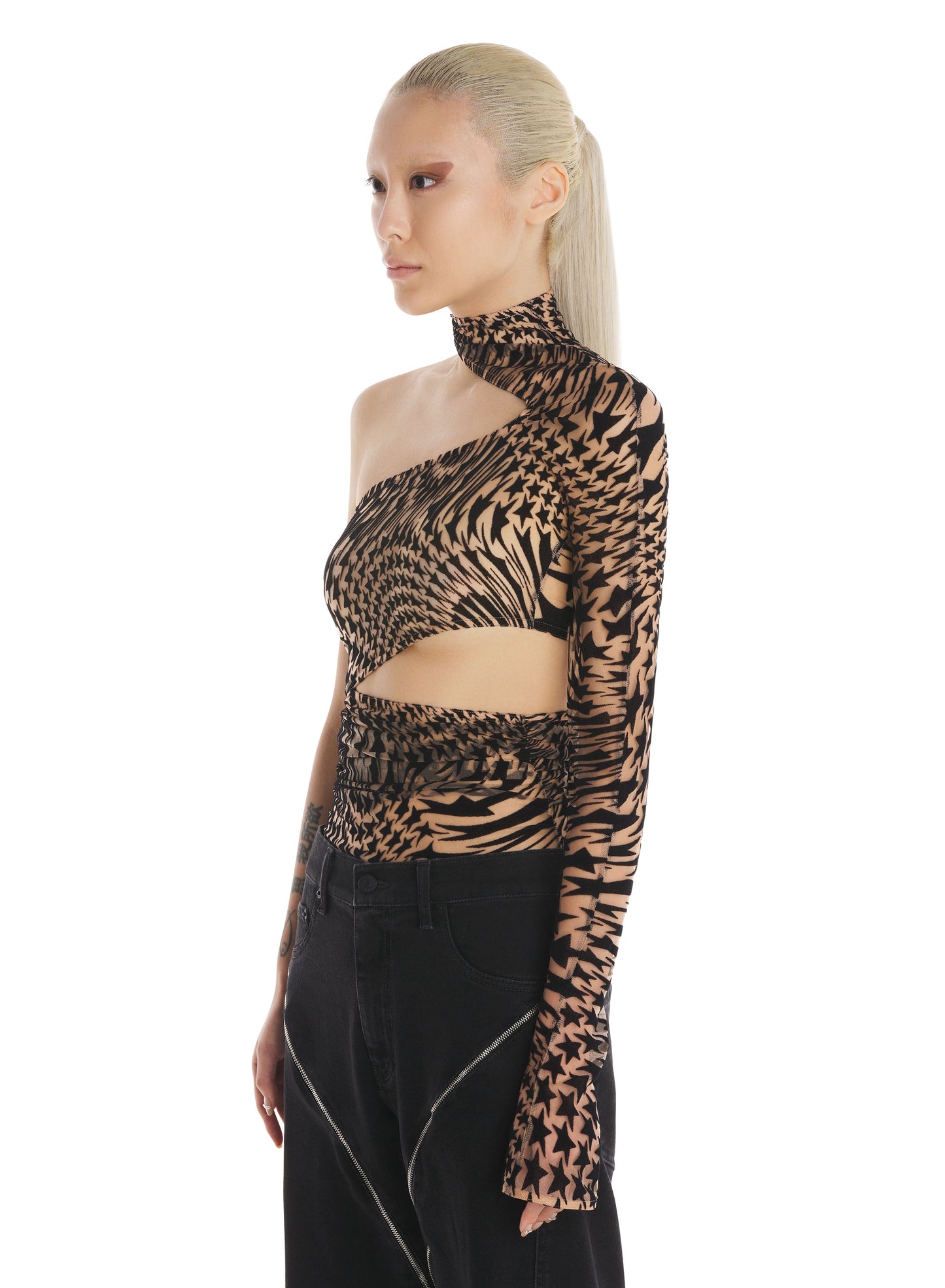 Nude flocked mesh cut-out bodysuit