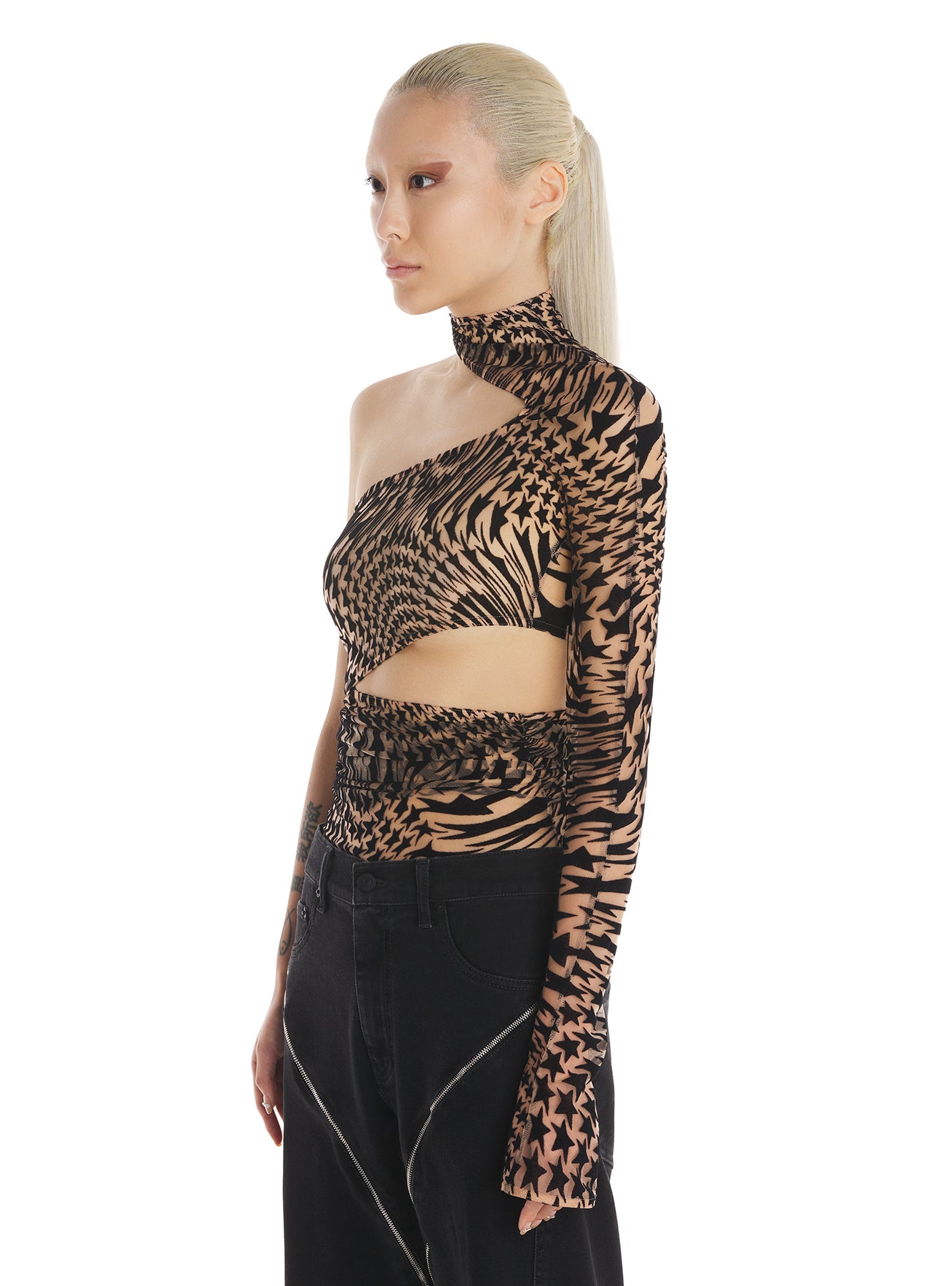 Black flocked mesh wrapped bodysuit