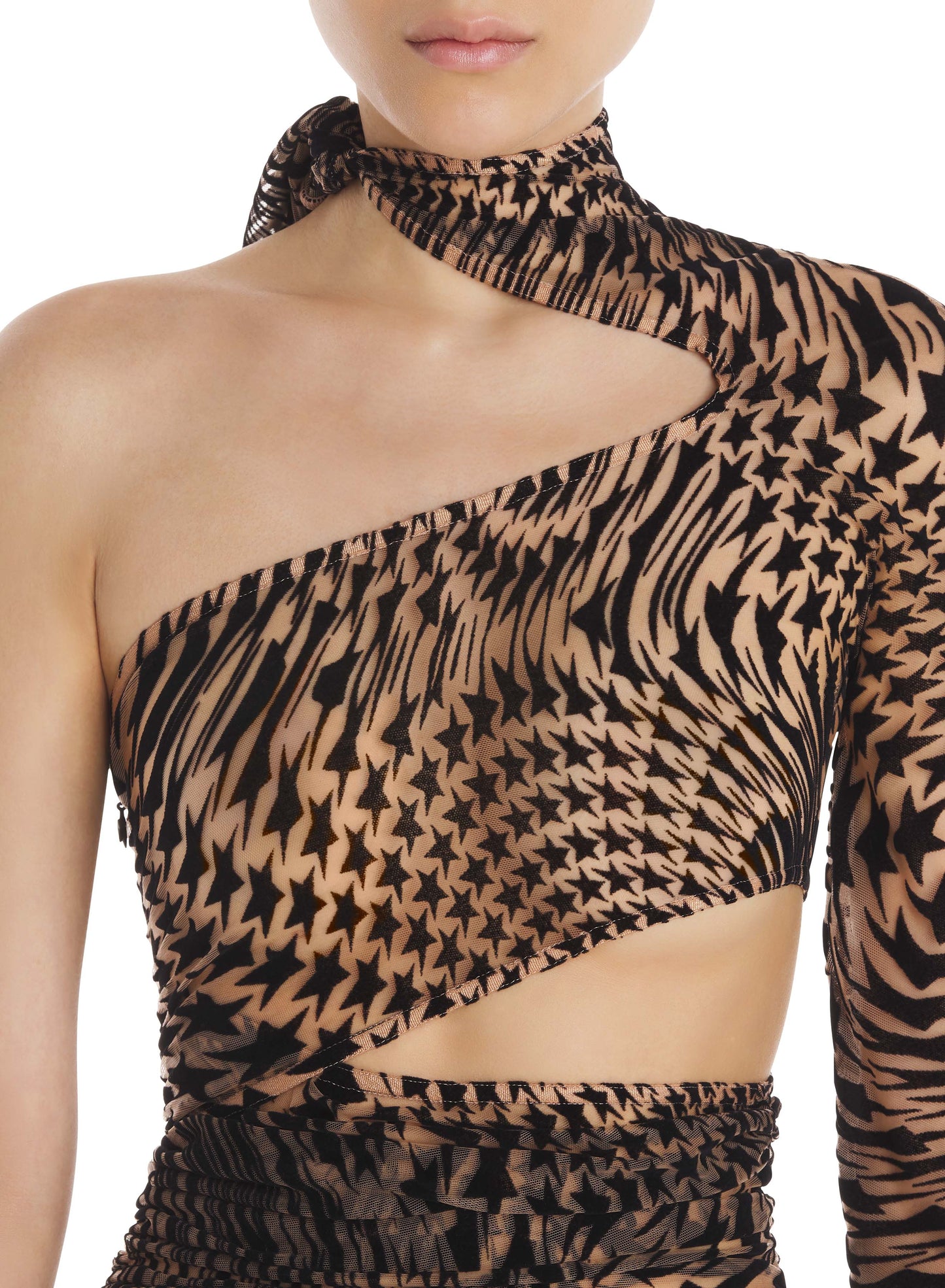 Nude flocked mesh cut-out bodysuit