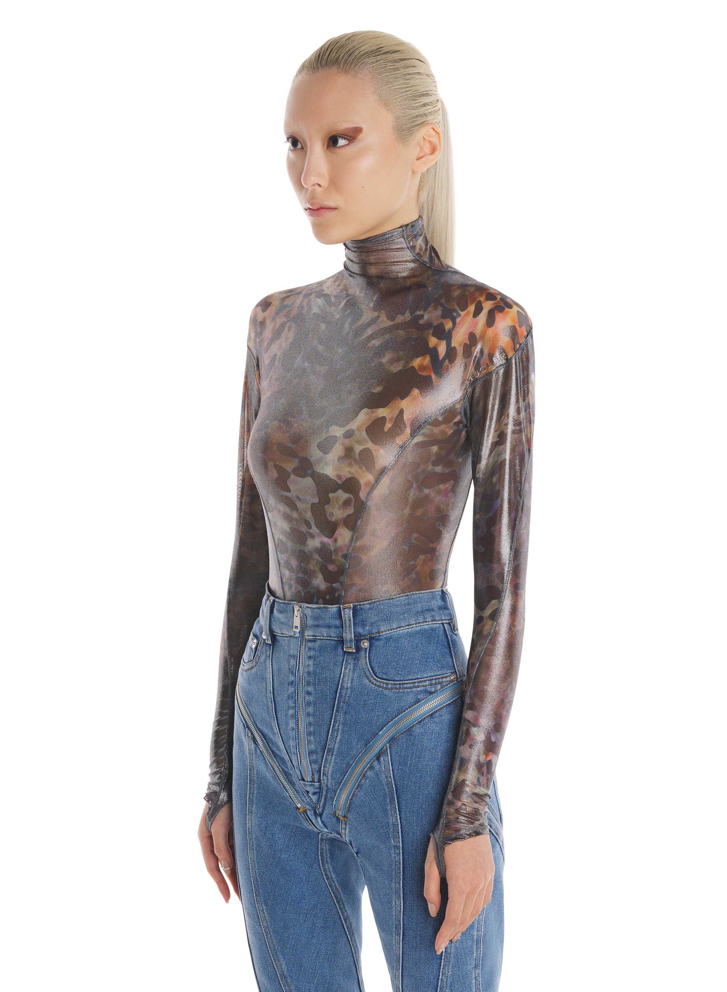 printed mesh high neck bodysuit