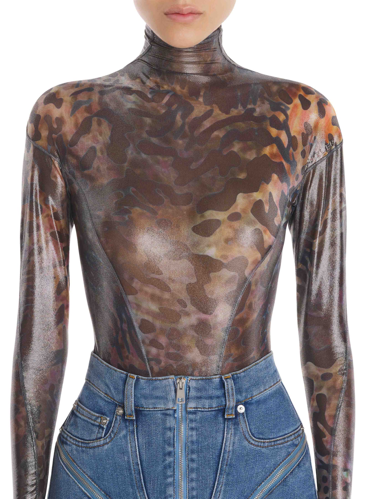 Printed mesh high neck bodysuit