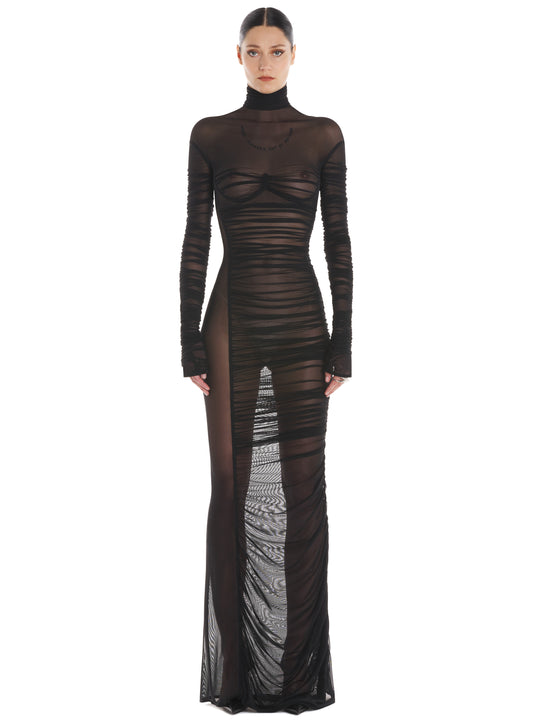 black ruched mesh dress