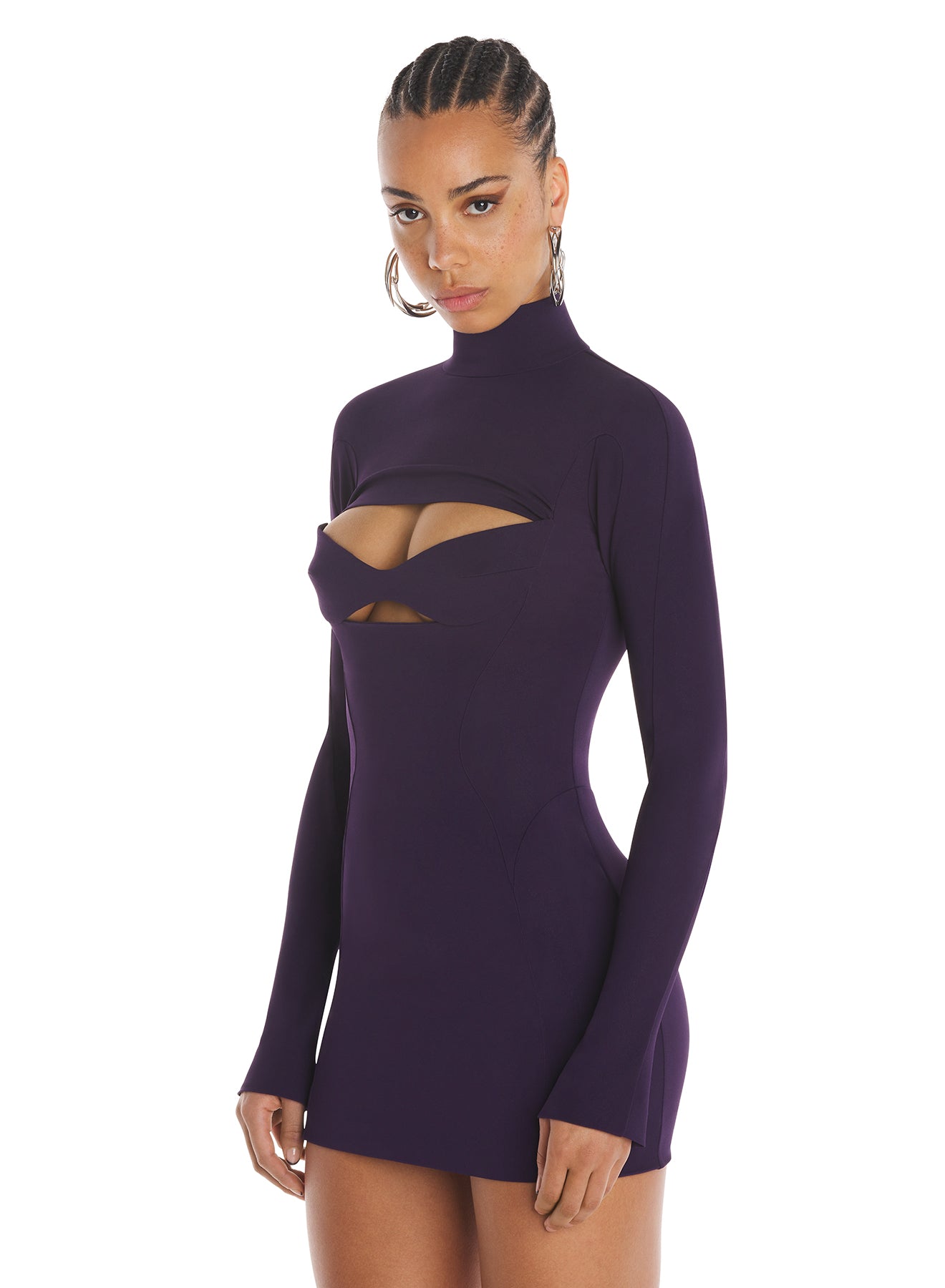 purple long-sleeved mini dress