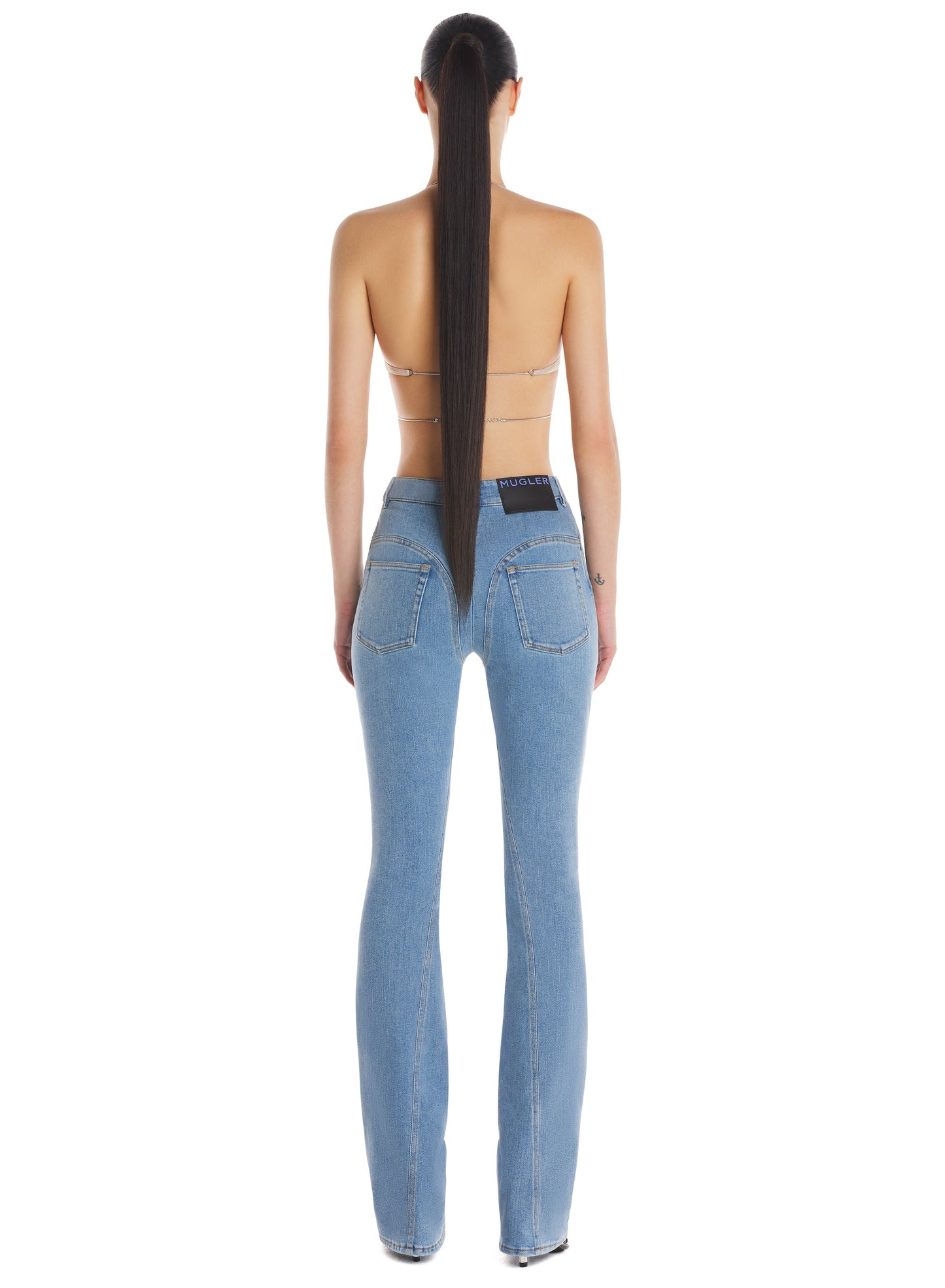 Flared denim trousers