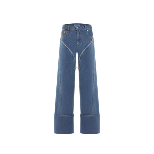 blue cuffed zipper jeans