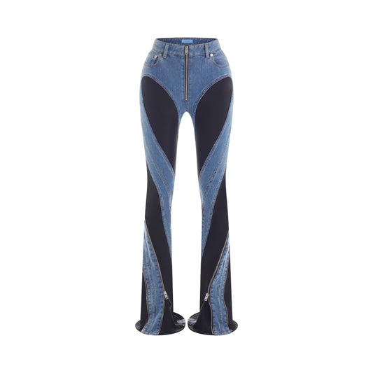 blue zipped bi-material jeans