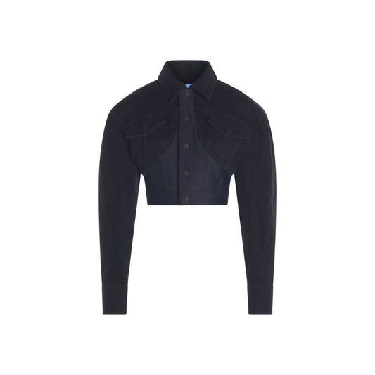 black bi-material cropped denim jacket