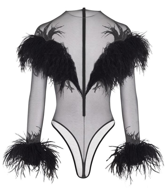 black feather sheer bodysuit