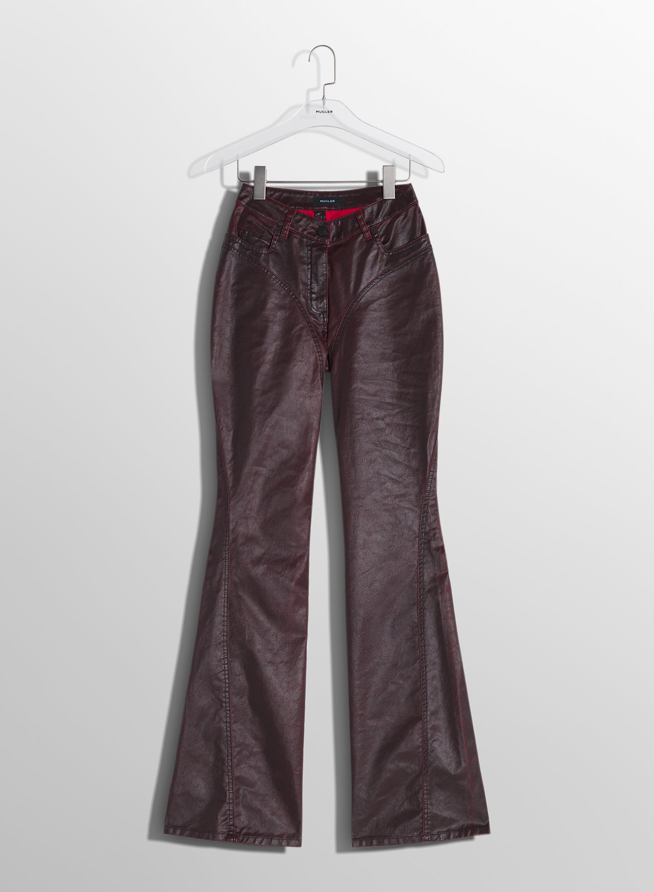 burgundy waxed denim pants