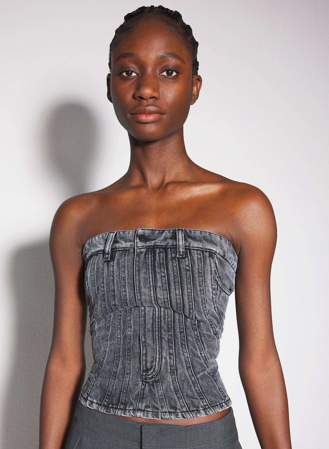 washed black spiral denim bustier MUGLER Official Website Mugler