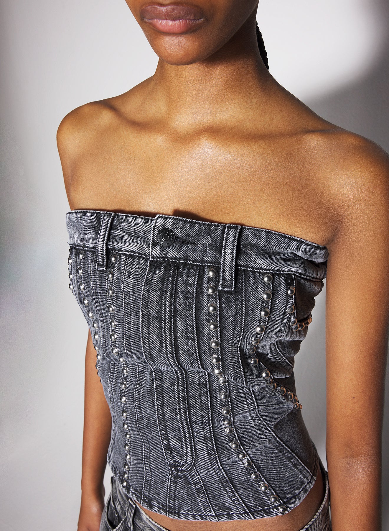 washed black spiral denim studded bustier MUGLER Official Website Mugler