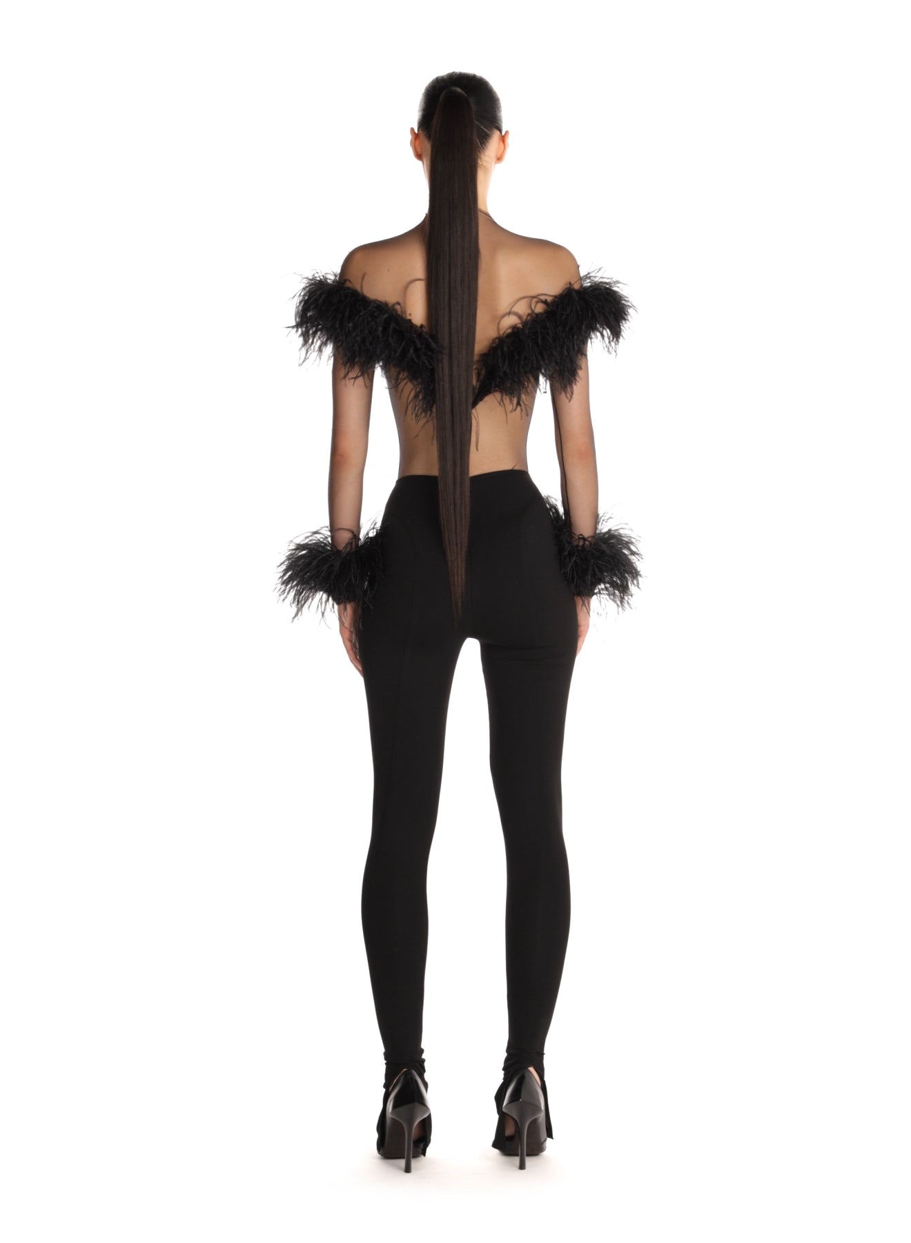 black feather sheer bodysuit