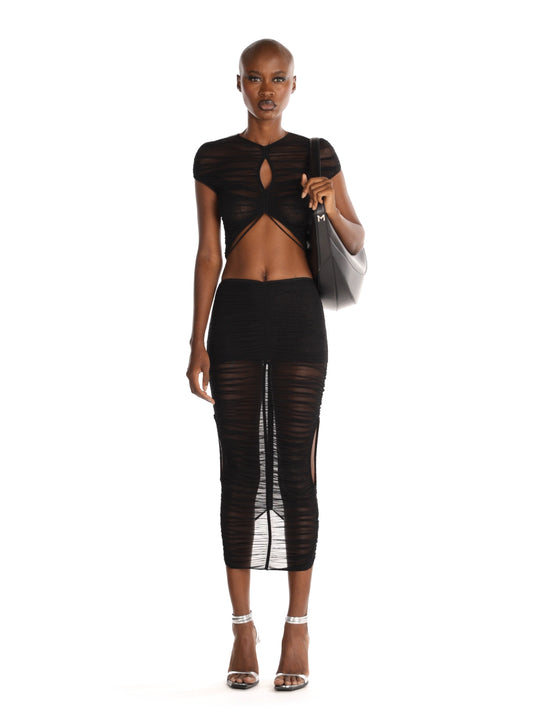 black ruched mesh skirt