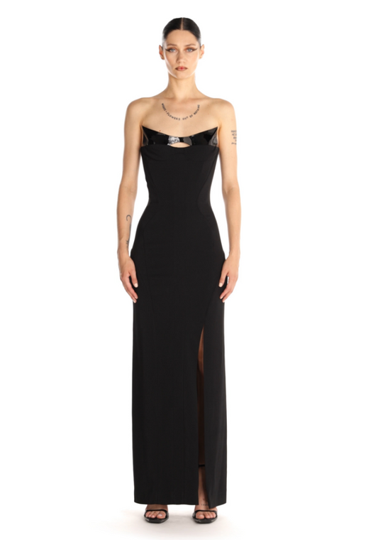 black signature structured strapless gown