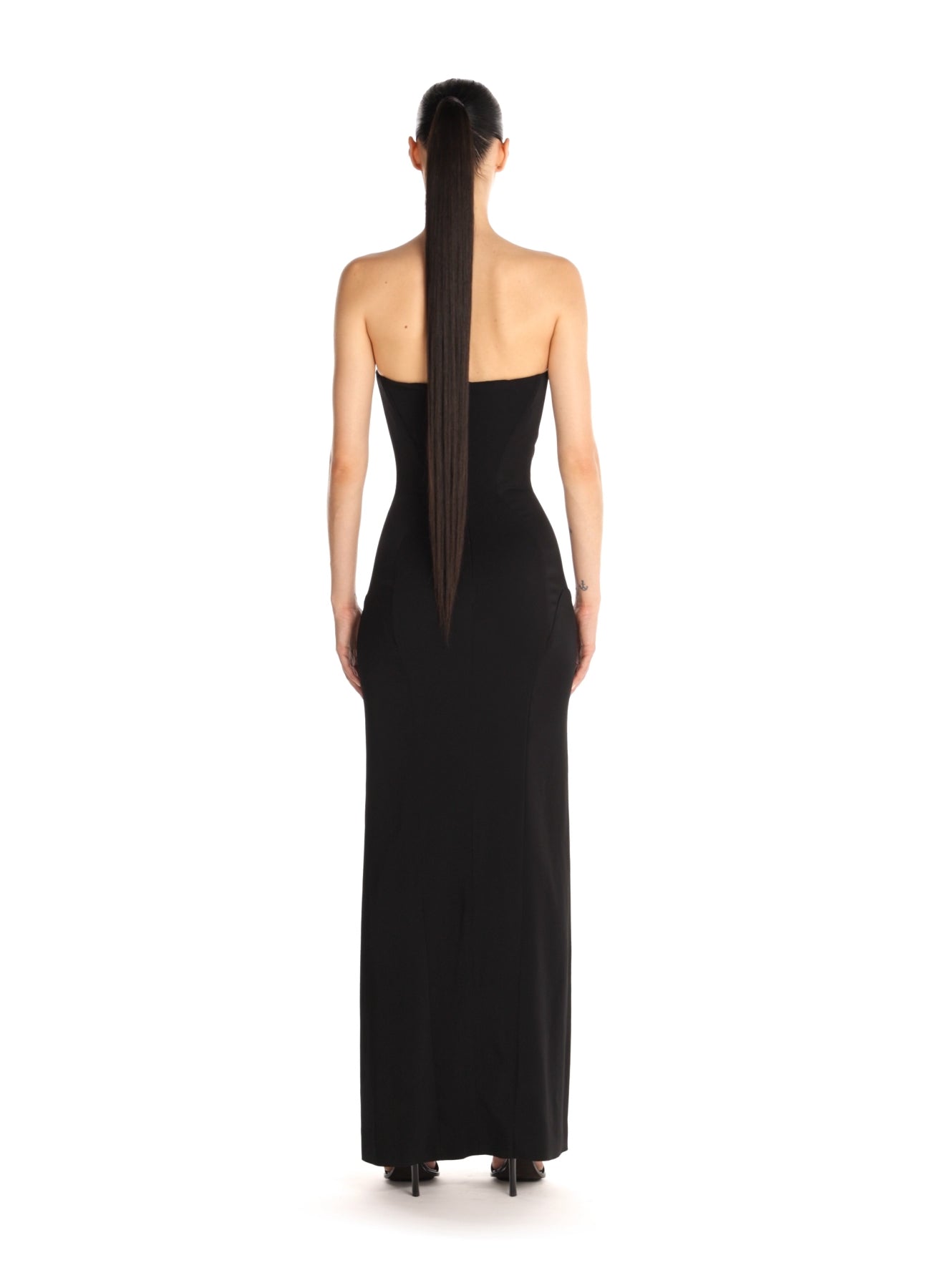 black signature structured strapless gown