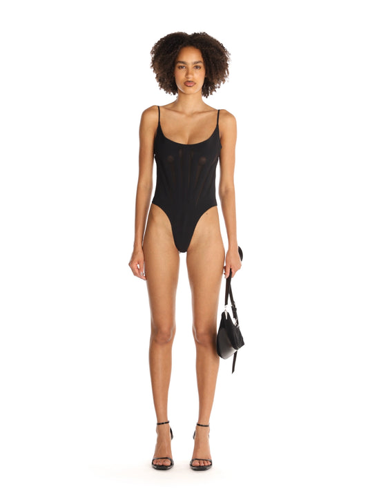 black corseted one-piece