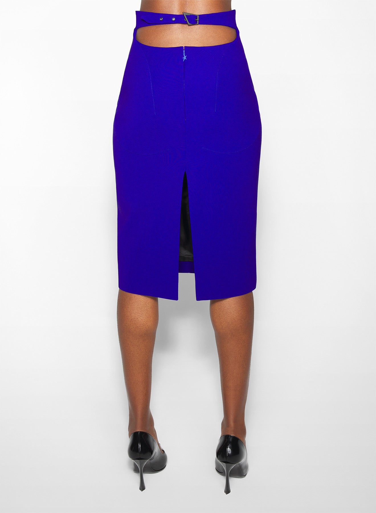 blue buckled tailored skirt