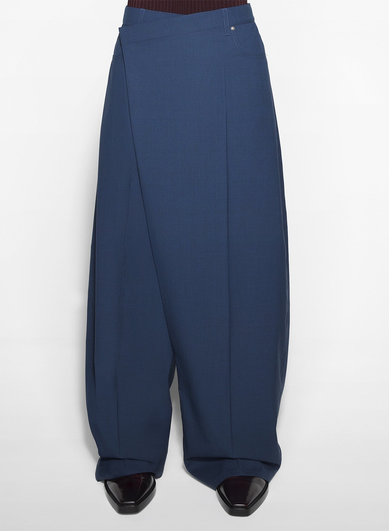 dark blue asymmetric panel pants
