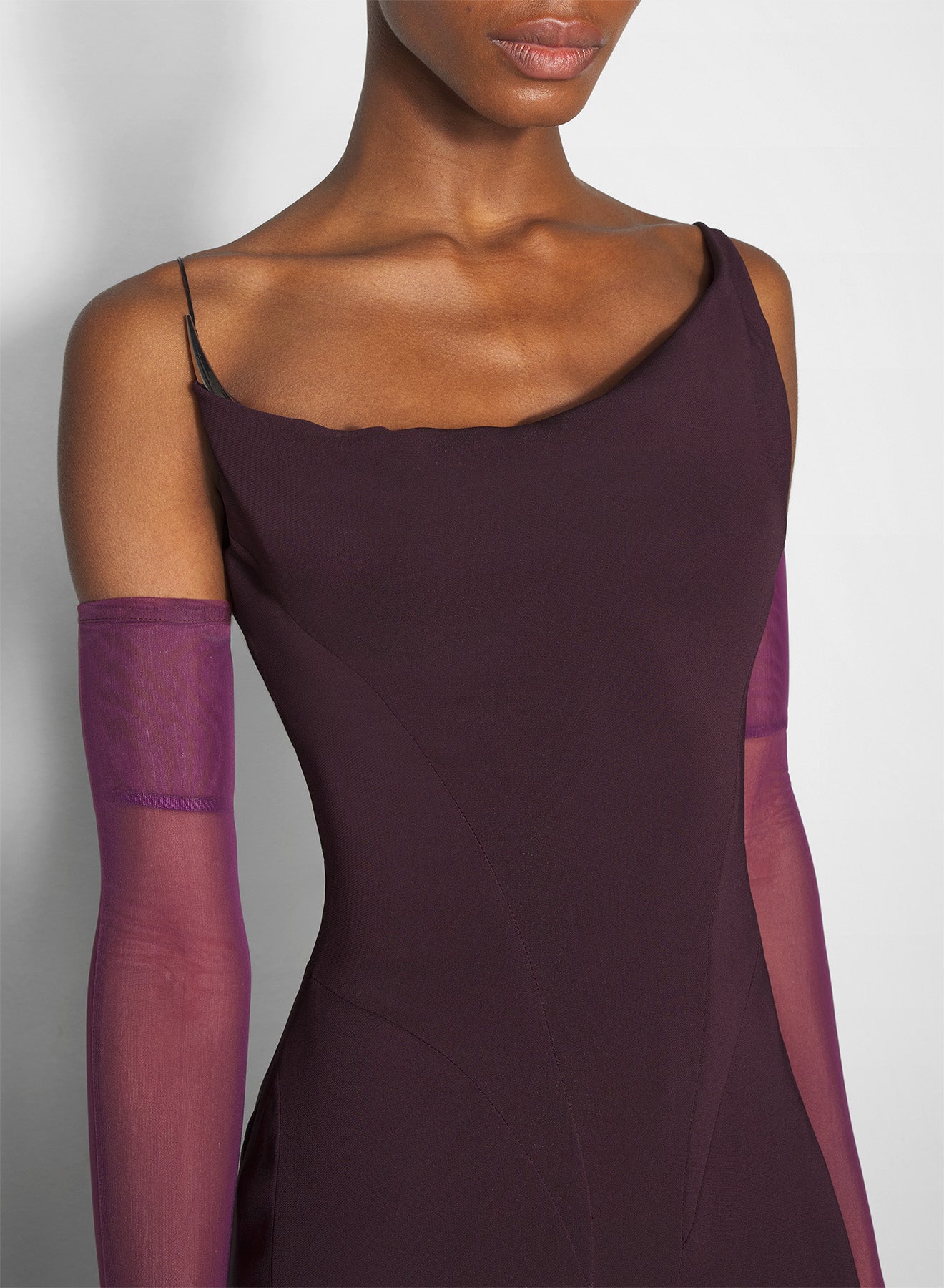 burgundy crepe gown with metallic detail