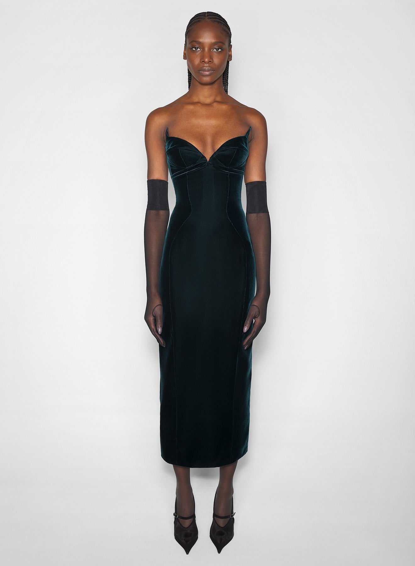 green signature strapless velvet gown
