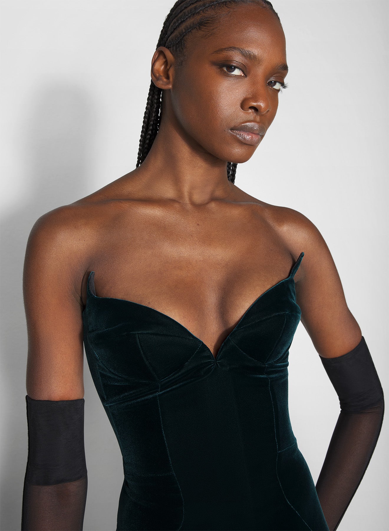 green signature strapless velvet gown