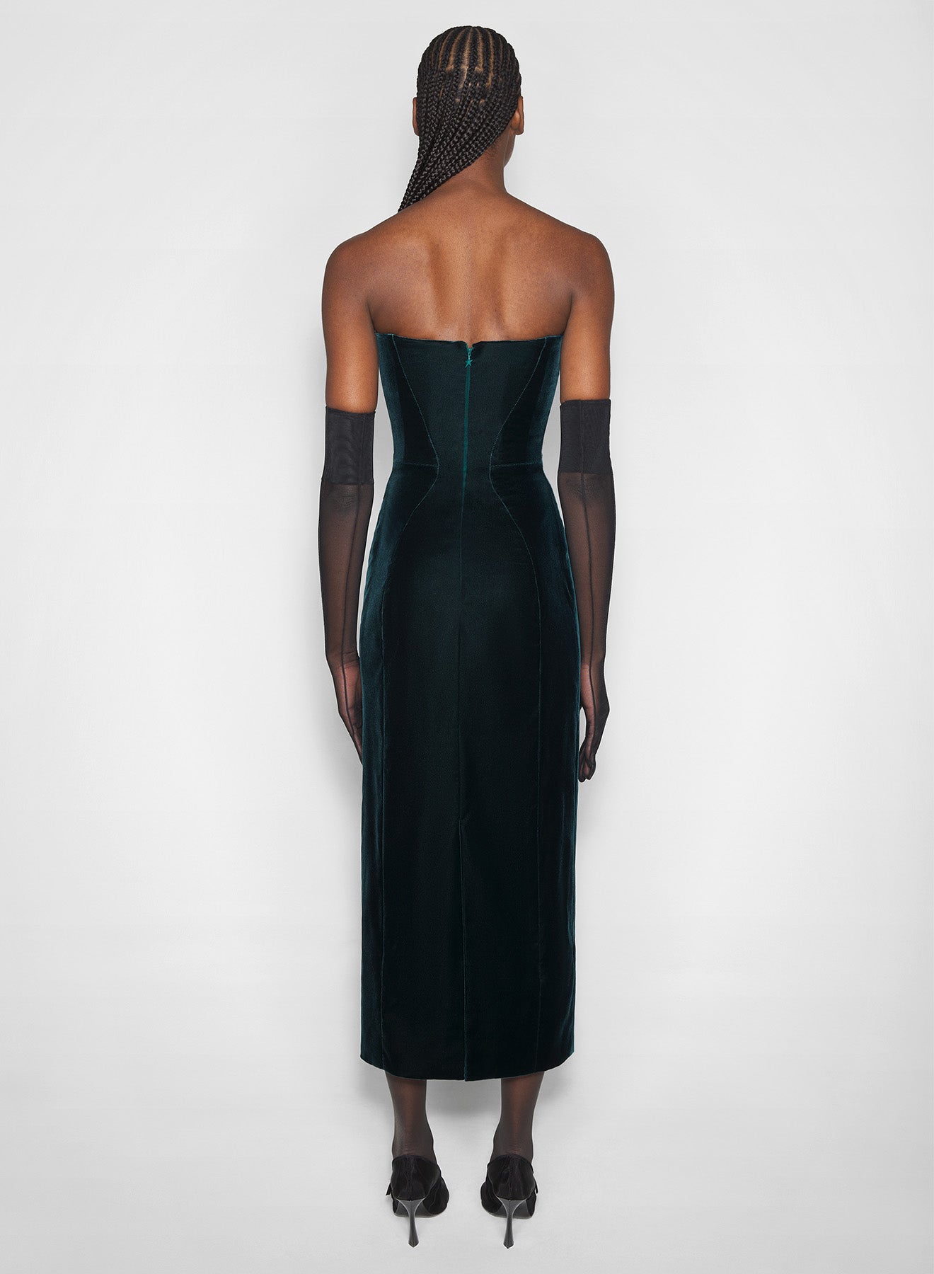 green signature strapless velvet gown
