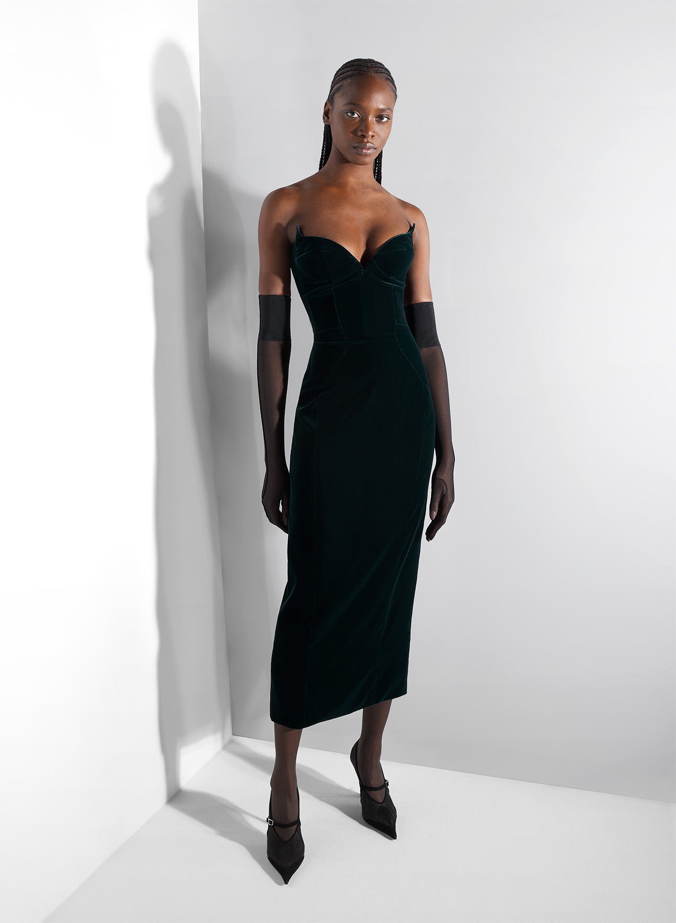 green signature strapless velvet gown