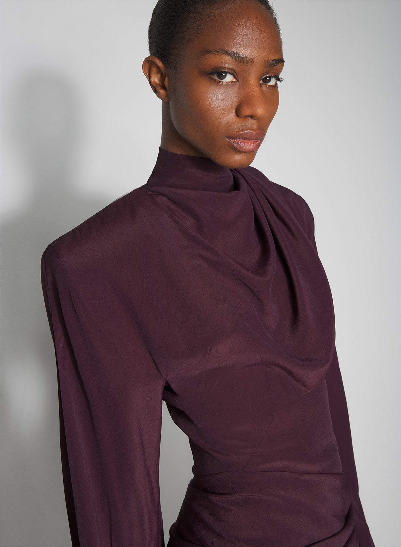 burgundy draped scarf dress