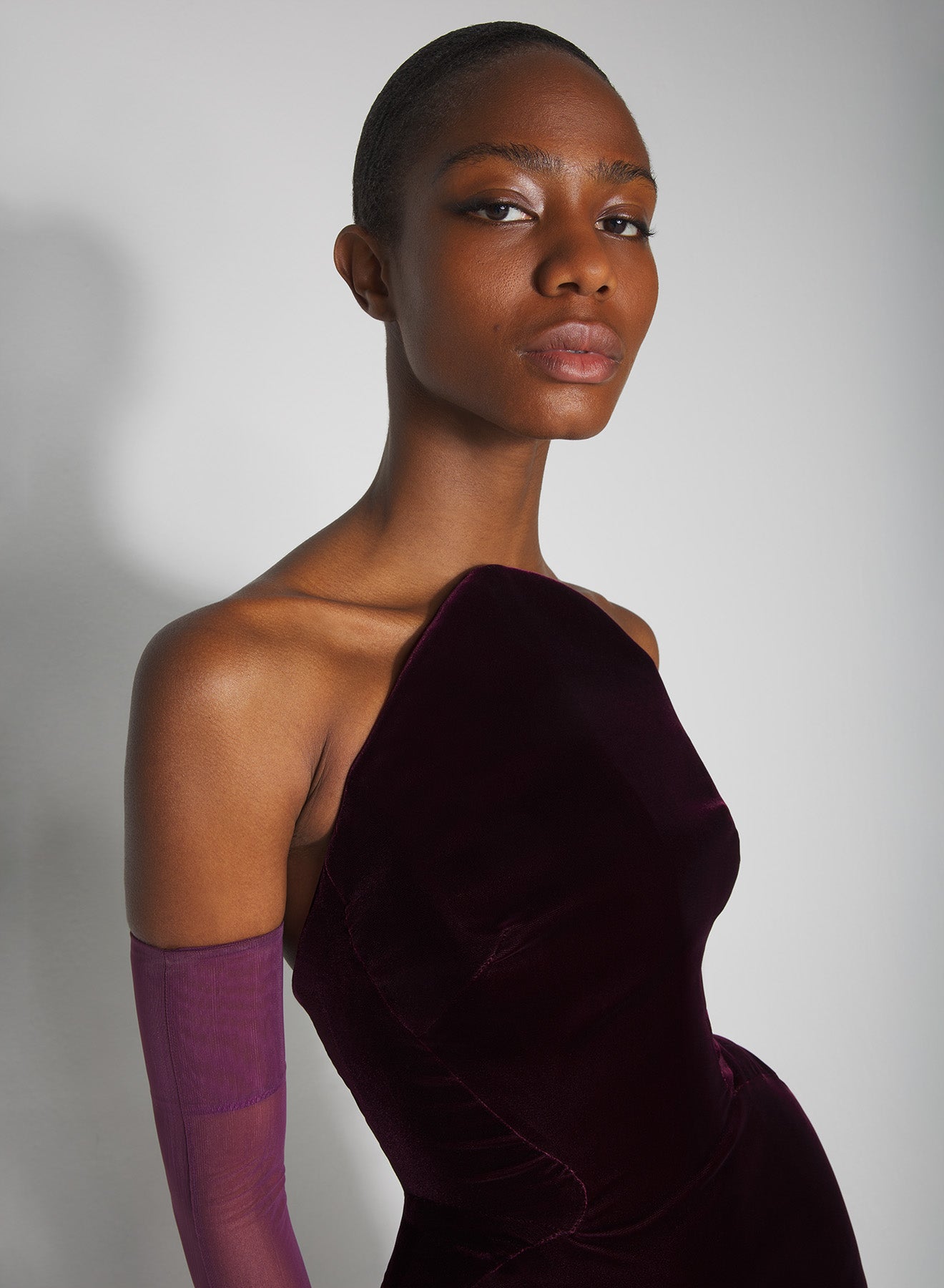 burgundy rounded bustier velvet gown