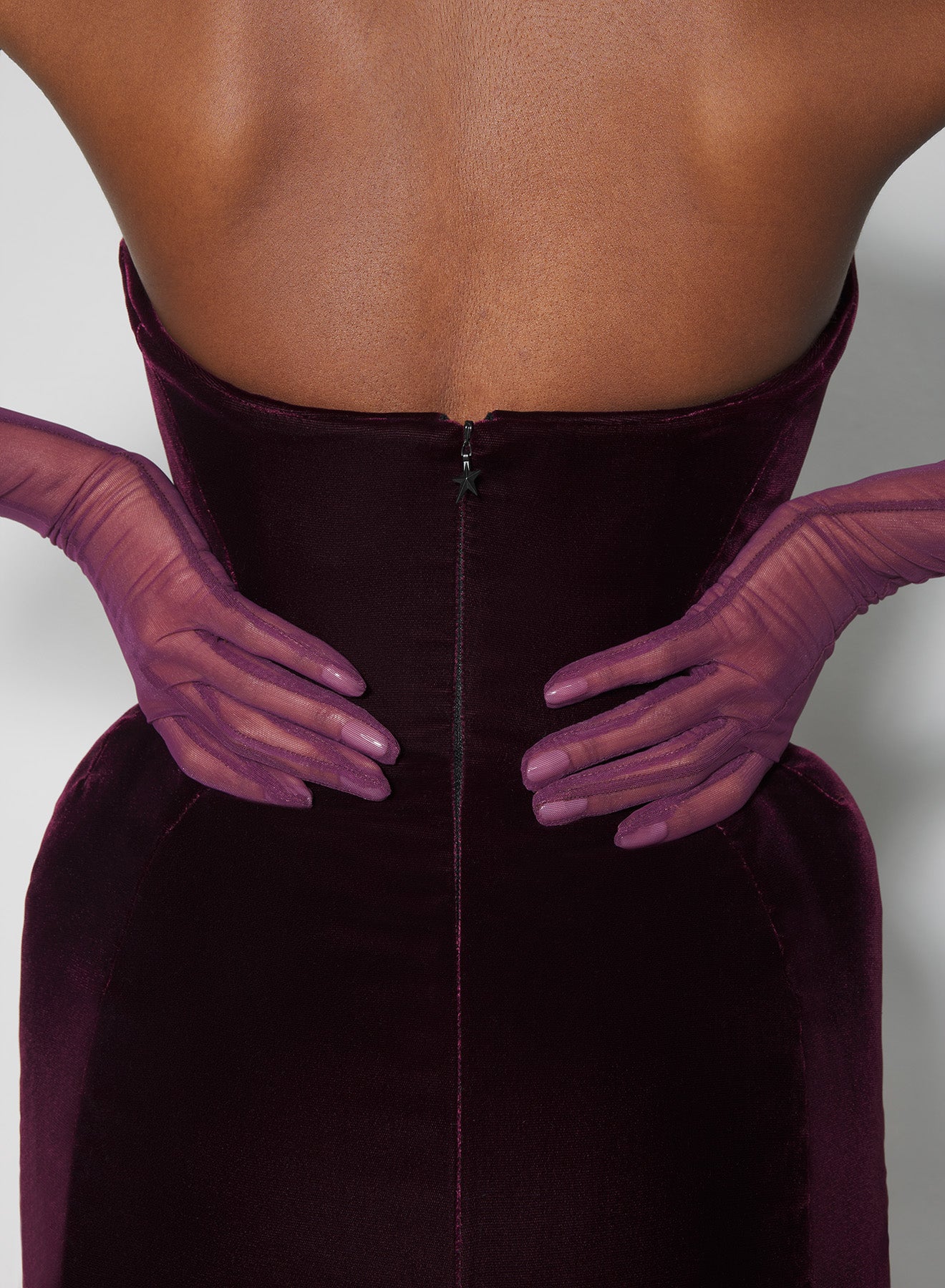 burgundy rounded bustier velvet gown