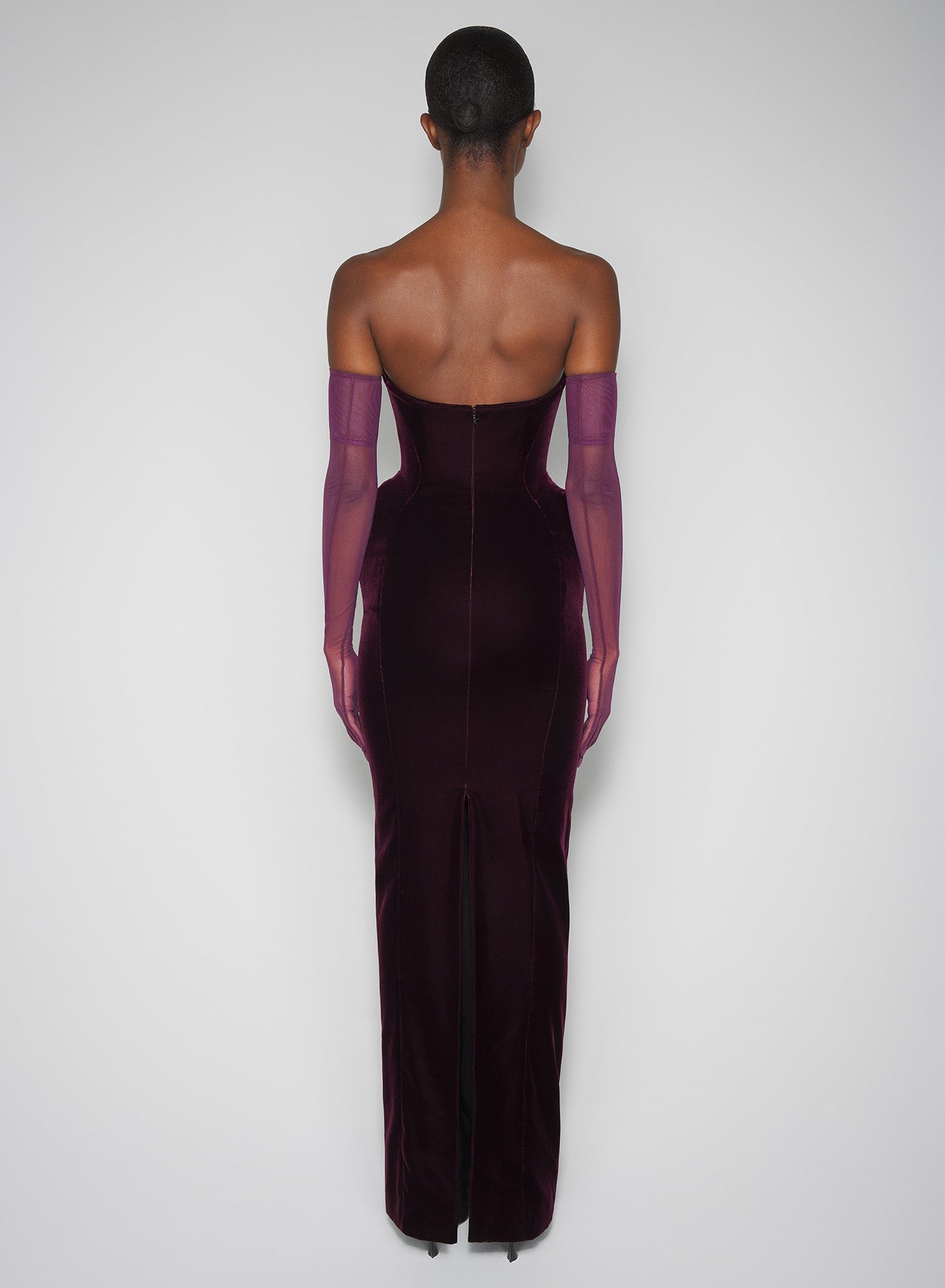 burgundy rounded bustier velvet gown