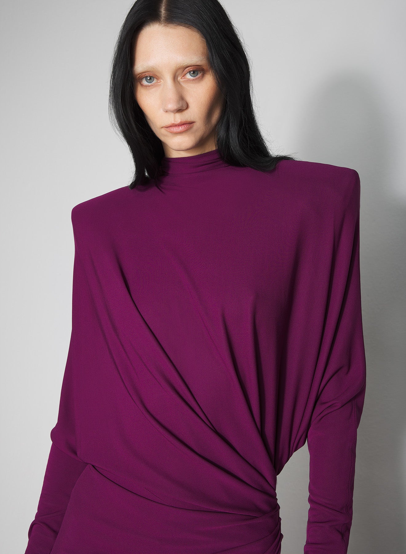 burgundy draped open-back dress