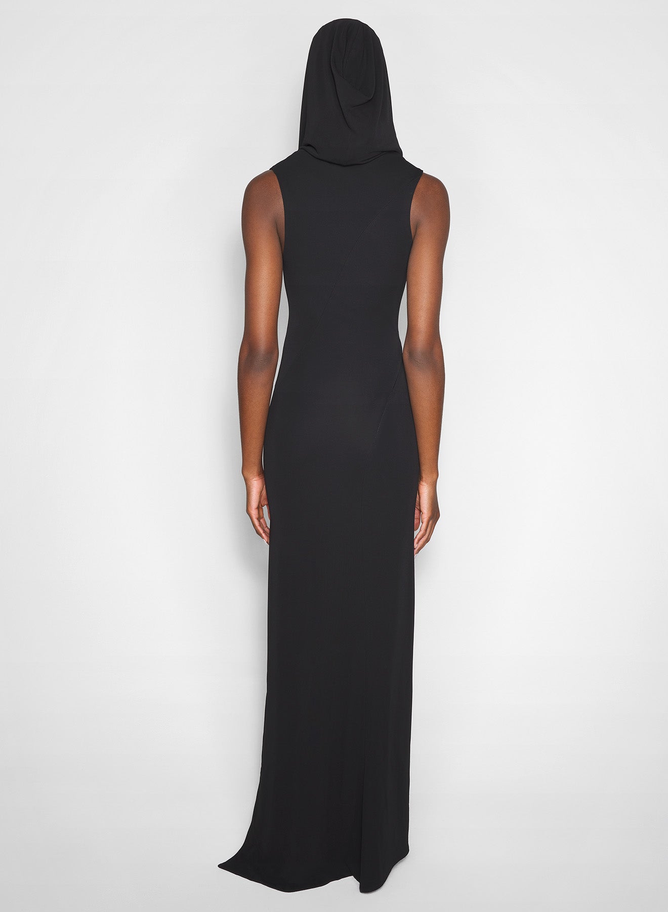 black hooded sleeveless gown
