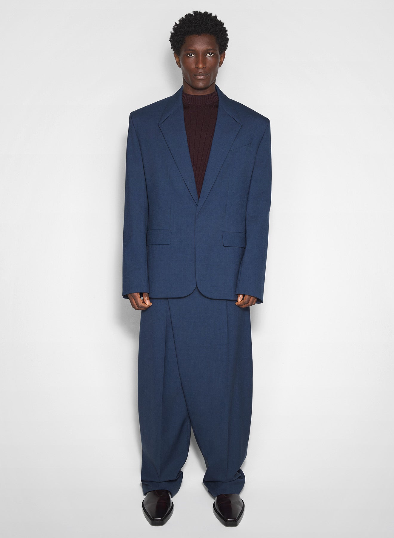 dark blue asymmetric panel pants