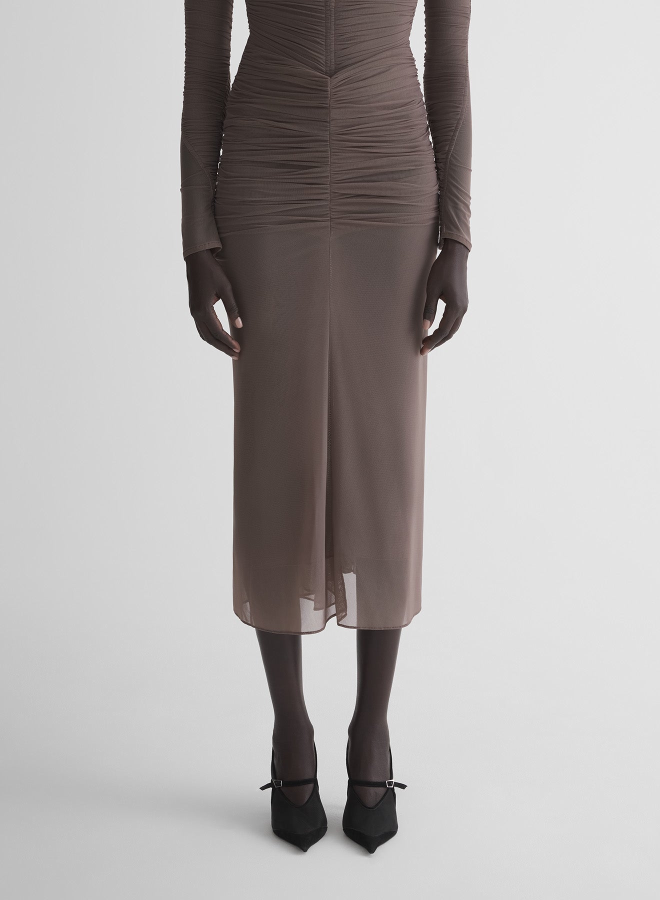 mocha ruched mesh skirt