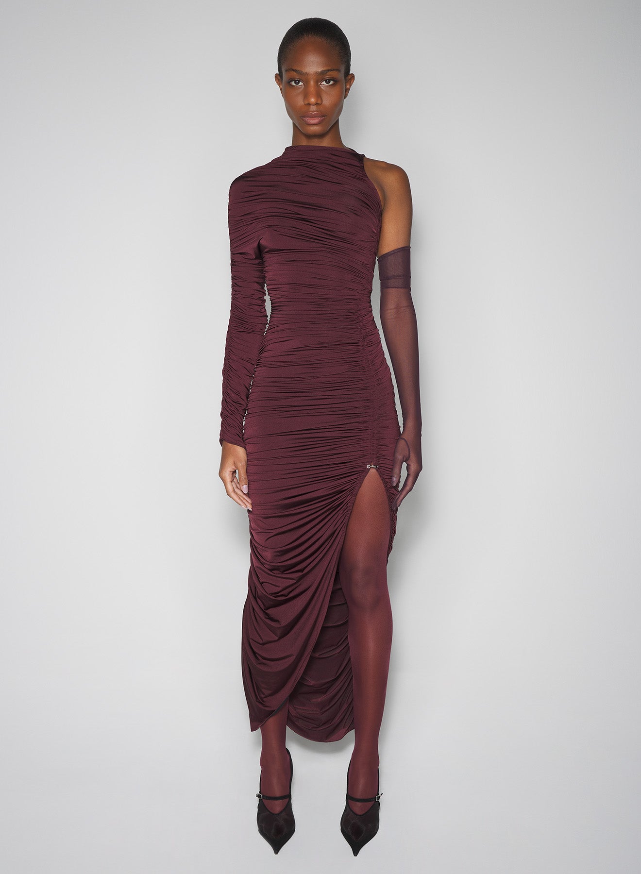 burgundy asymmetrical pierced ruched dress