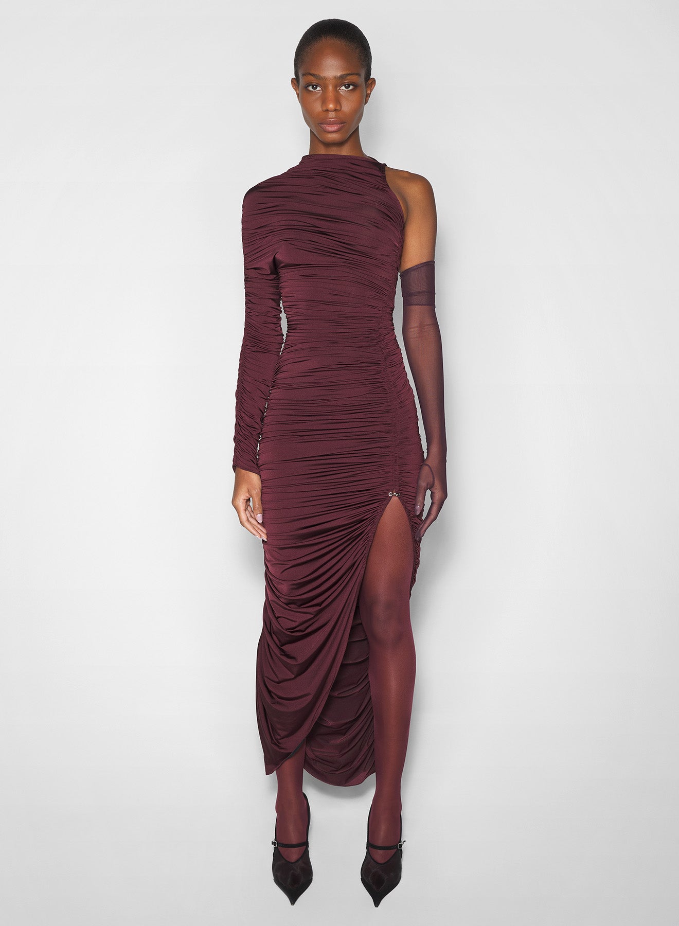 burgundy asymmetrical pierced ruched dress