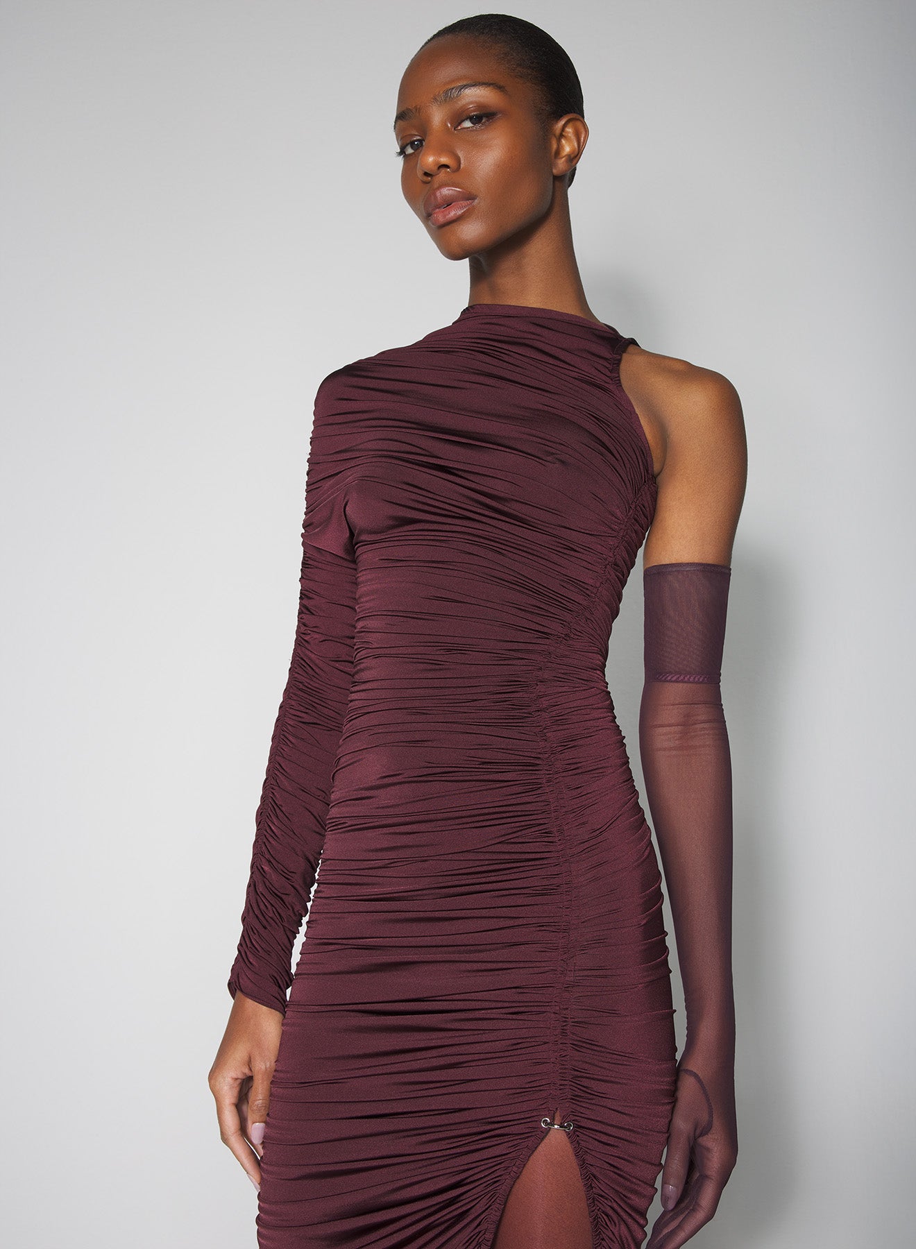 burgundy asymmetrical pierced ruched dress
