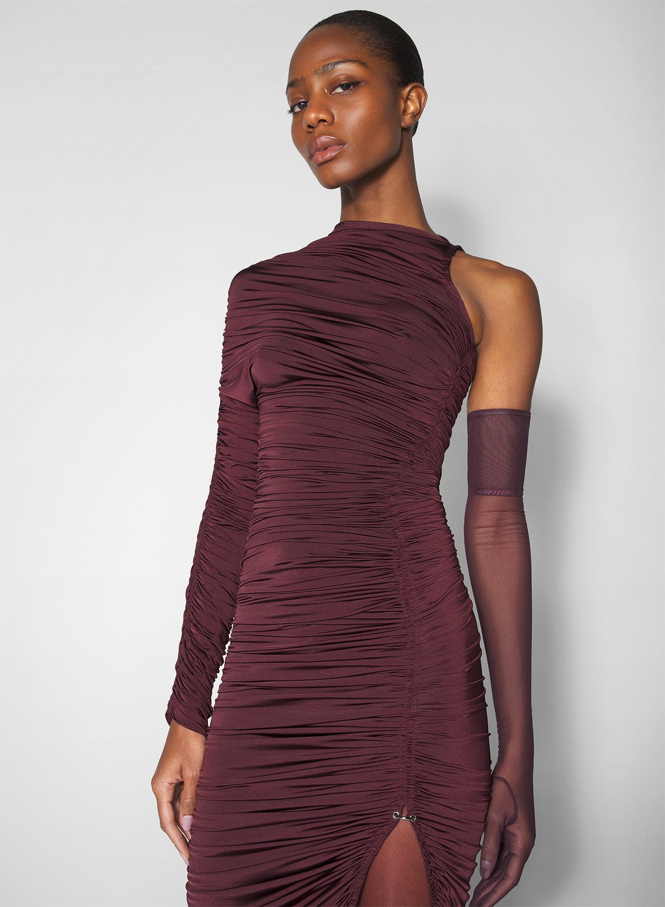 burgundy asymmetrical pierced ruched dress