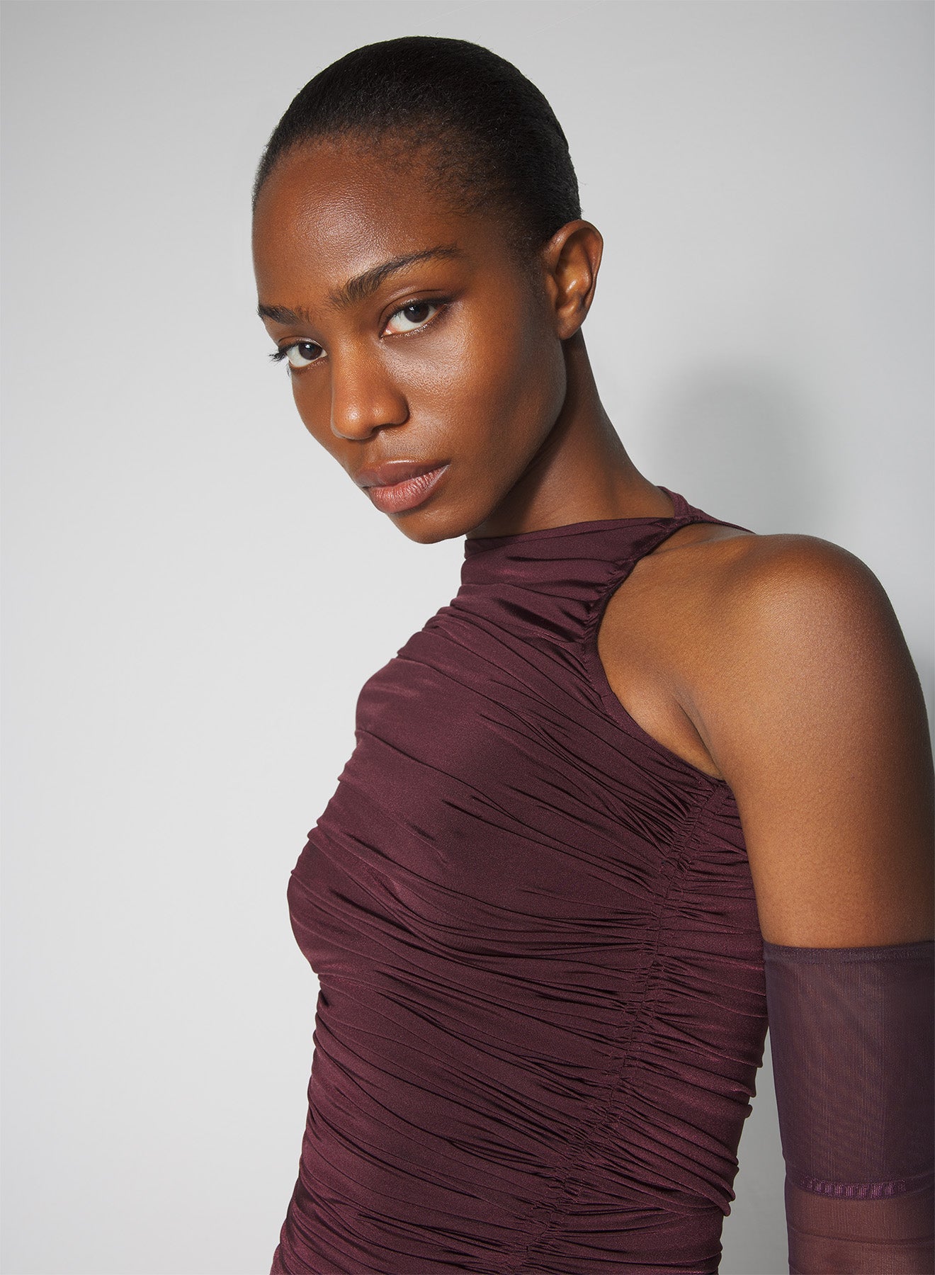 burgundy asymmetrical pierced ruched dress