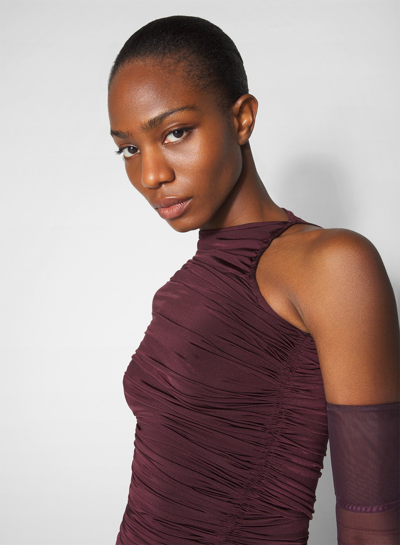 burgundy asymmetrical pierced ruched dress