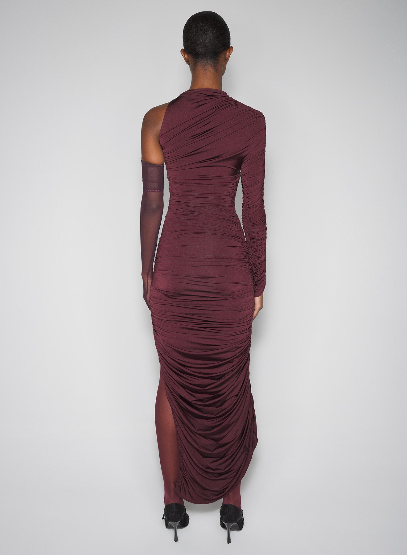 burgundy asymmetrical pierced ruched dress