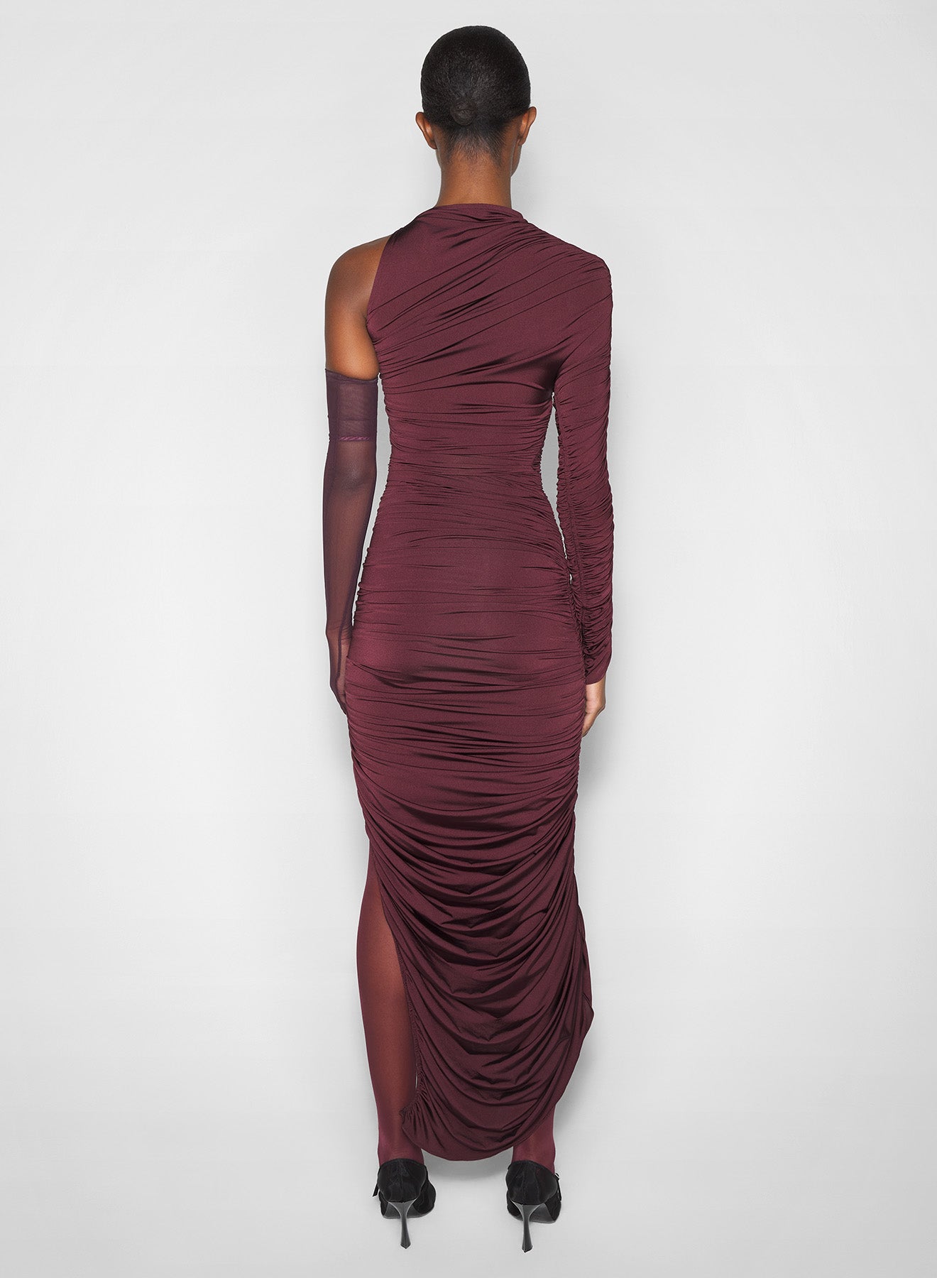 burgundy asymmetrical pierced ruched dress