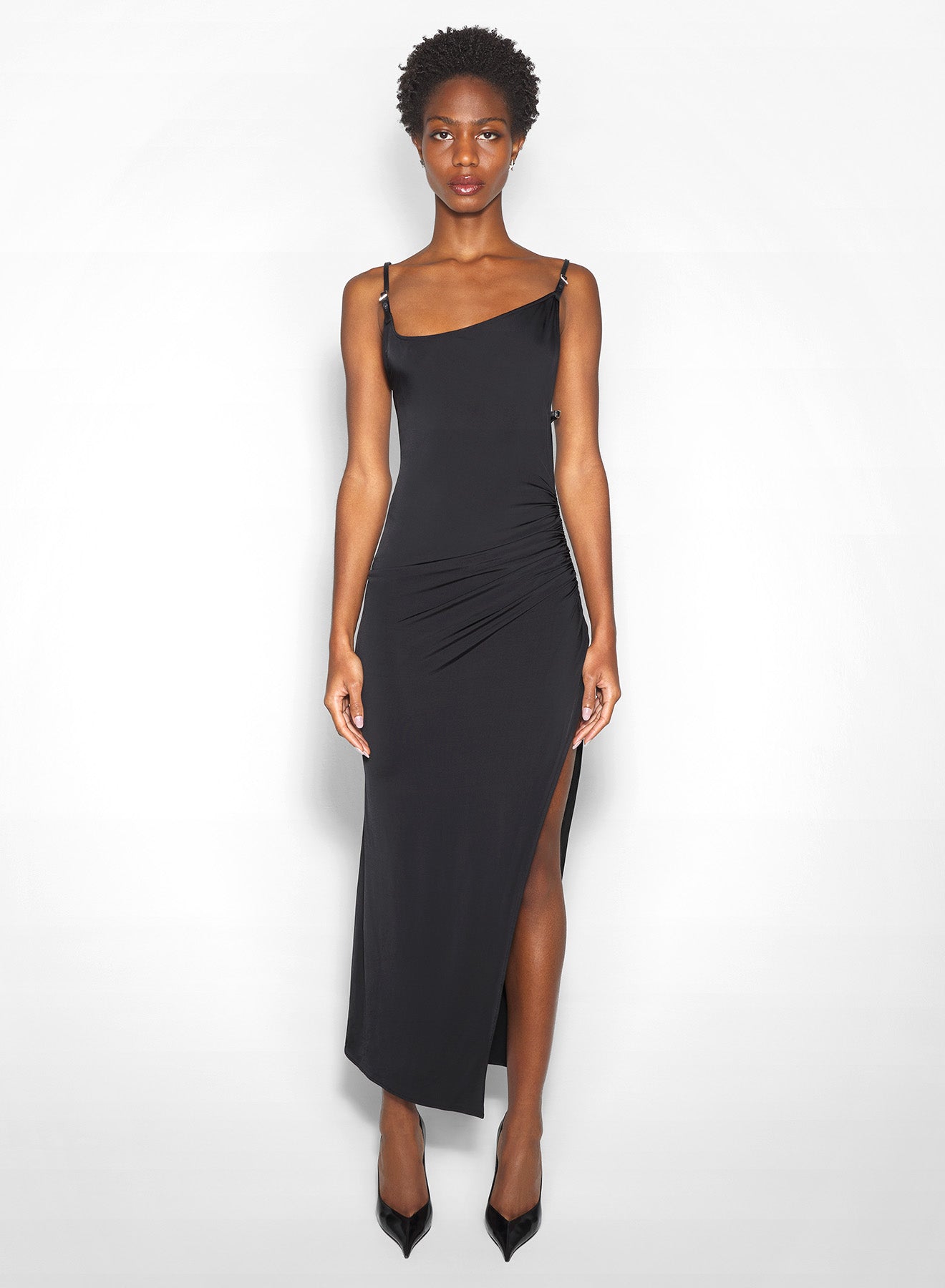 black asymmetrical buckled strap dress