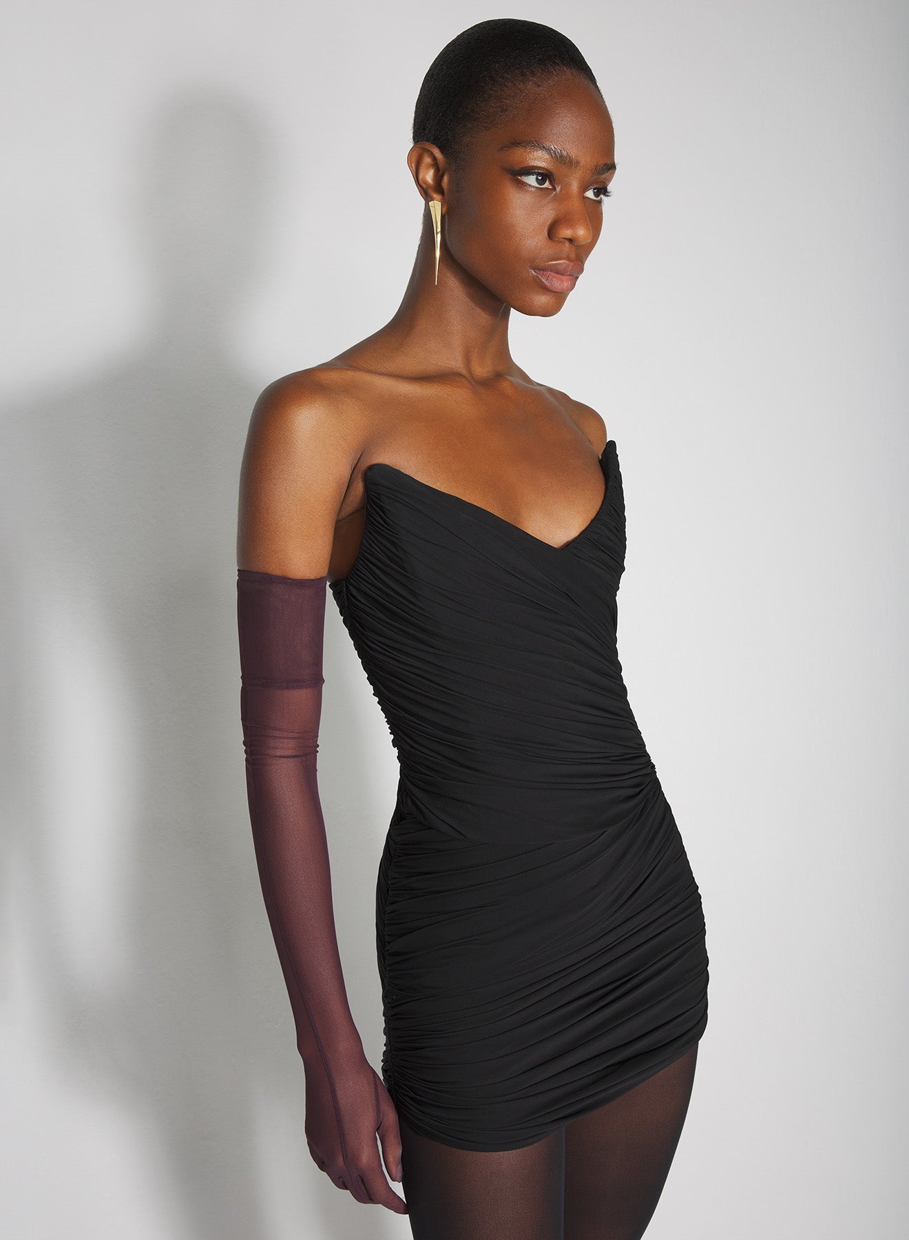 black draped bustier mini dress